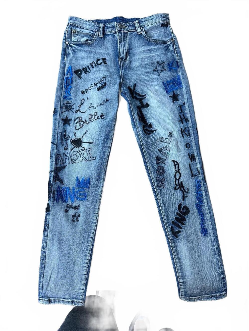 Light Blue Denim Jeans with Artistic Text and Graphic Embroidery